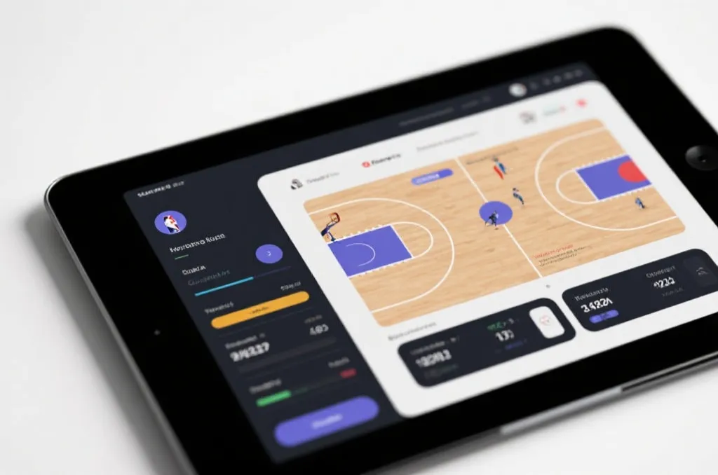 Close up of a digital tablet displaying abstract basketball game statistics and live court tracking
