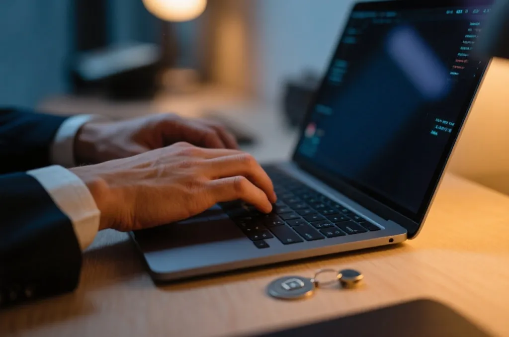 A close-up of professional hands typing on a modern laptop keyboard, a physical security token nearby, warm ambient lighting, highly detailed tech setup
